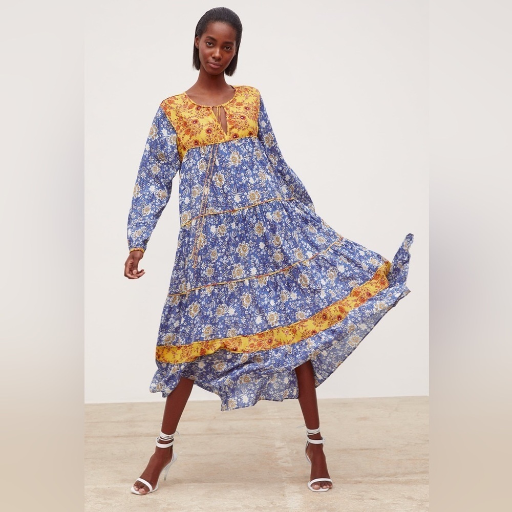 ZARA‎ YELLOW AND BLUE FLIRAL BOHEMIAN PRAIRIE MAXI DRESS​​​​